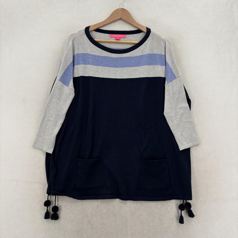 Lilly Pulitzer Elba Tunic Sweater Womens Small Blue Striped Tassel Pockets Knit